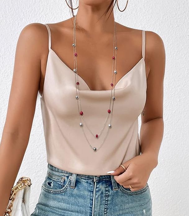Silver Layered Long Necklace for Women Pearl Crystal Sweater Strand Chain Necklaces Fashion Gifts