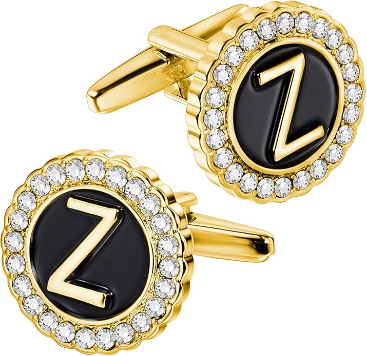 HAWSON A-Z Initial Cufflinks for Men and Women with Clear Crystal, Gold Silver Color Rasied Letter A-Z Cuff Links for French Shirt, Gift for Normal and Business Wearing