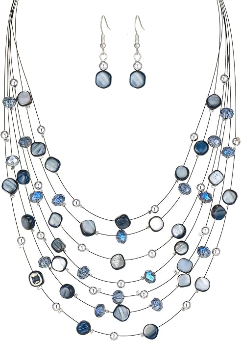 Multi-Layer Boho Shell Beaded Necklace for Women Colorful Crystal Strand with Silver Beads Statement Collars Necklace and Earrings Costumes Jewelry Sets for Women
