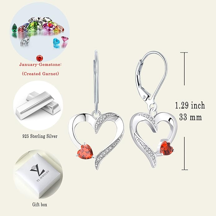 YL Heart Dangle Earrings 925 Sterling Silver Drop Earrings Birthstone Leverback Jewelry for Women