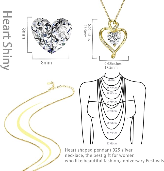 Heart Necklaces for Women 925 Sterling Silver Pendant Necklace Rose Gold Plated White Gold/14K Gold Plated Love Necklace for Her Girlfriend Wife Valentines Day Birthday Women Jewelry 18"+2"