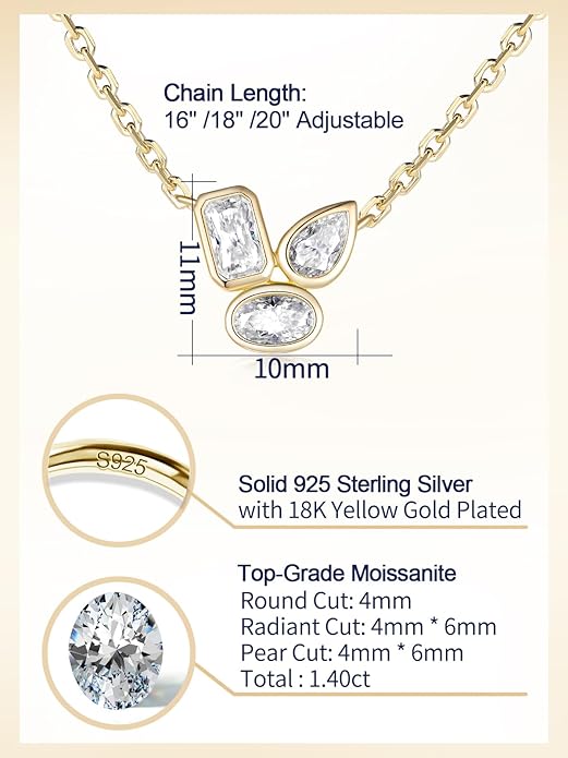 CYW Moissanite/Ruby/Sapphire/Emerald Dainty Pendant Necklace for Women, Novelty Design, Really Authentic Solid 925 Sterling Silver, 16"/18"/20" Adjustable, Birthday Anniversary Valentines Gift