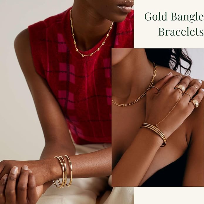 Kainier 3mm 14K Gold Plated Bracelet Stainless Steel Glossy Stackable Thin Round Bangle Bracelet for Women Solid Plain Polished Bracelet Best Gifts for Love