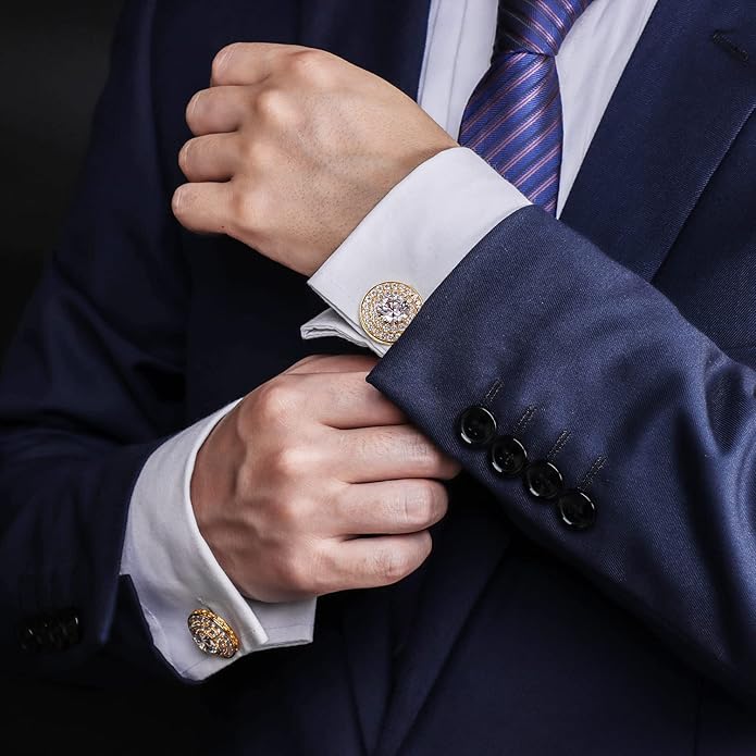 HAWSON Cufflinks for Men, Gold Diamond Crystal Cufflinks for Groom Husband Personalized Gifts, Mens Formal Wedding Business Cufflinks, Luxurious Gorgeous Cuff Links French Shirt Accessories