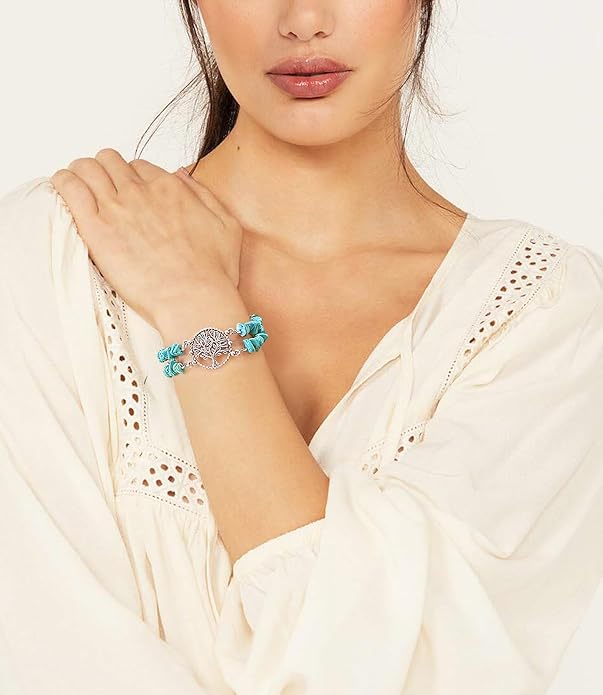Boho Genuine Turquoise Bracelet for Women Western 925 Sterling Silver Gemstone Tree of Life Dream Catcher Sunflower Bracelets Jewelry for Her