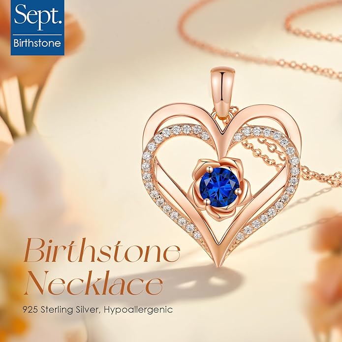 CDE Christmas Gifts for Women S925 Silver Rose Gold Heart Birthstone Necklaces for Women，Ideal Anniversary or Birthday Jewelry Gifts for Wife Girlfriend Her