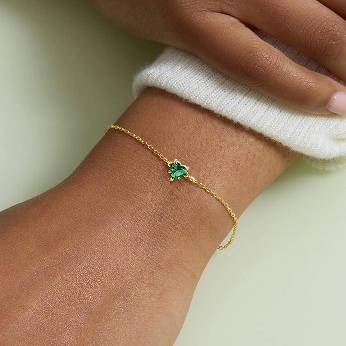 14k Gold Love Heart Gemstone Bracelet for Women,7MM Heart-cut Created Birthstone Anniversary Birthday Mother's Day Bracelets Jewelry for Mom Her 6.5''+2''