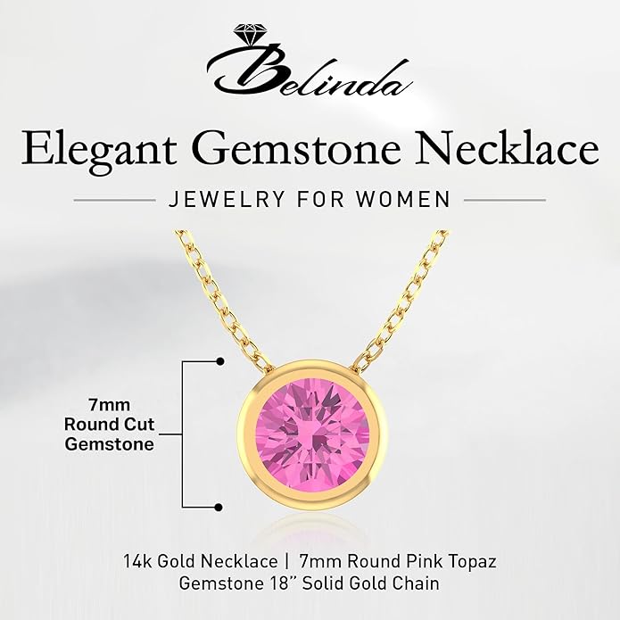 14K Gold Necklace for Women - 7mm Round Natural Gemstone Pendant with 18" Gold Chain - Trendy Birthstone Statement Fine Jewelry - Yellow Gold, Elegant Women's Accessories