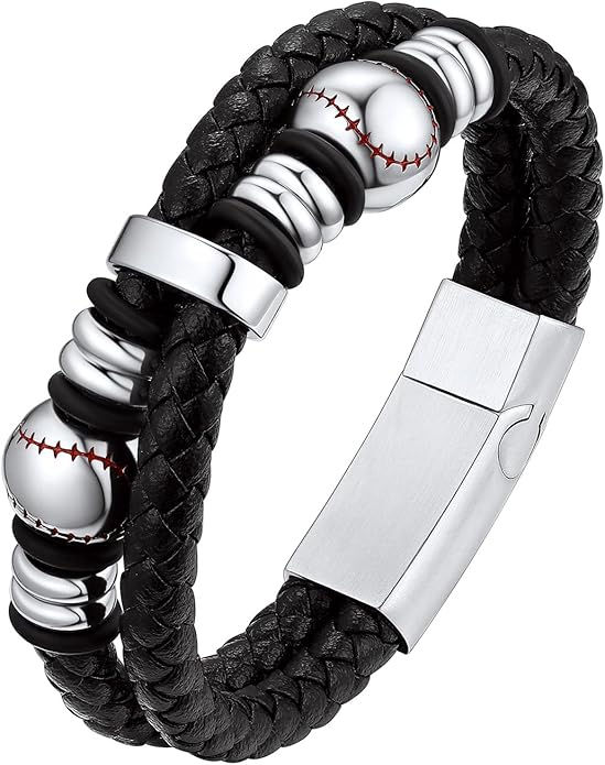 Bestyle Genuine Men Leather Bracelets Fashion Stainless Steel Celtic/Sport Ball Bead Cuff Wirstband Bracelets for Men, Size 7.5/8.3/9.1Inch