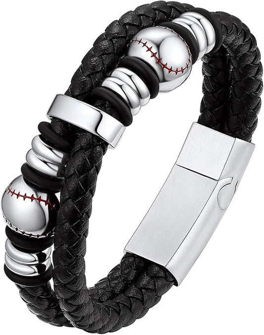 Bestyle Genuine Men Leather Bracelets Fashion Stainless Steel Celtic/Sport Ball Bead Cuff Wirstband Bracelets for Men, Size 7.5/8.3/9.1Inch