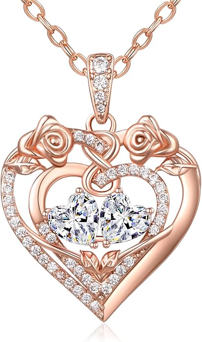 JIYVY32 Rose Heart Necklace for Women Exquisite 925 Sterling Silver Anniversary Birthday Gifts for Wife Mom Her Double Birthstone Pendant Jewelry