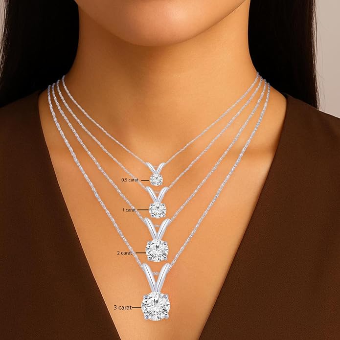 Houston Diamond District 0.5-10 Carat Lab Grown Diamond Solitaire Pendant Necklace, Round Cut Solitaire, 4-Prong Setting, Jewelry for Women (E-F, VS)