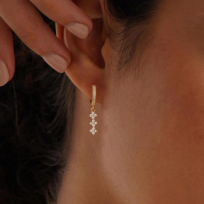 14K Gold Plated Dangle Earrings for Women - Dainty, Trendy, Hypoallergenic CZ Drop Earrings - Simple Long Dangling Jewelry