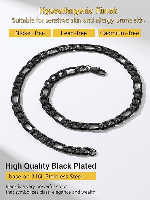 PROSTEEL 316L Stainless Steel Figaro Cuban Chain Necklace for Men, Black/18K Real Gold Plated, 4/5/6/7.5/9/10/13mm, 14inch-30inch, Come with Box