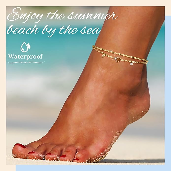 Sterling Silver Anklet Bracelets for Women Waterproof, 925 Sliver Plated CZ & Heart Charm Dainty Layer Anklets for Women Trendy, Simple Chain Anklets Set Gifts for Women, Jewelry Gifts for Her Women Mom Wife Girlfriend