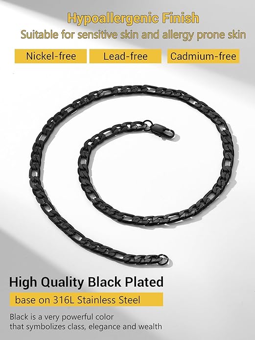 PROSTEEL 316L Stainless Steel Figaro Cuban Chain Necklace for Men, Black/18K Real Gold Plated, 4/5/6/7.5/9/10/13mm, 14inch-30inch, Come with Box