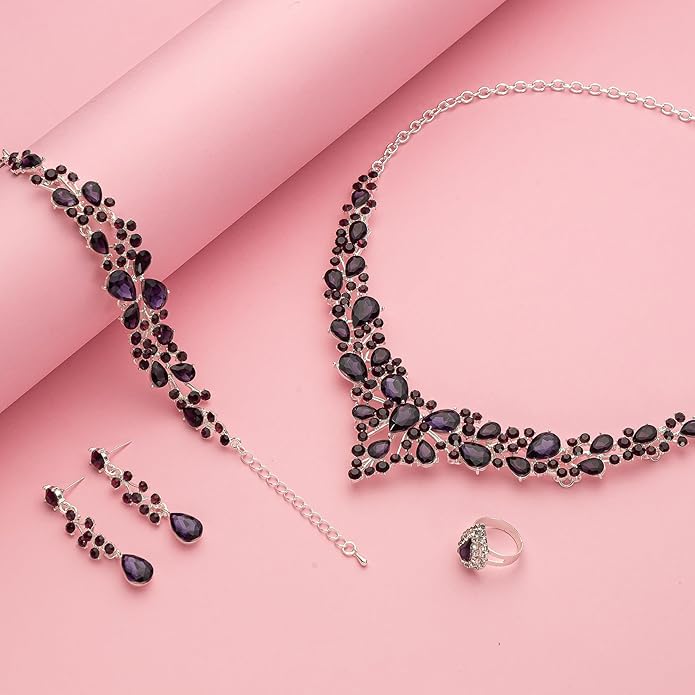 Paxuan Crystal Bridal Wedding Jewelry Sets for Women Rhinestone Teardrop Crystal Statement Choker Necklace Drop Earrings Link Bracelets Rings Teardrop Jewelry Set for Brides Bridesmaids