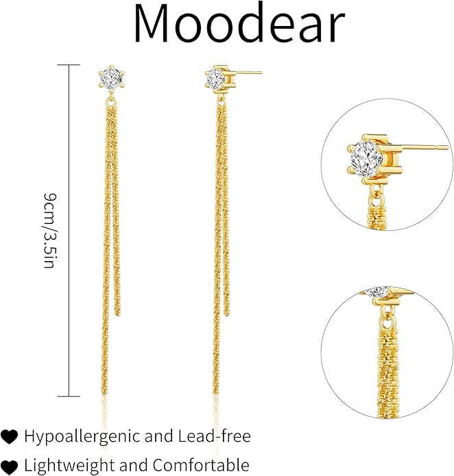 Moodear Dangle Earrings 14K Gold Plated Chain Earrings for Women Trendy Dainty Hypoallergenic Long Chain Drop Tassel CZ/Pearl Earrings Wedding Jewelry Gift