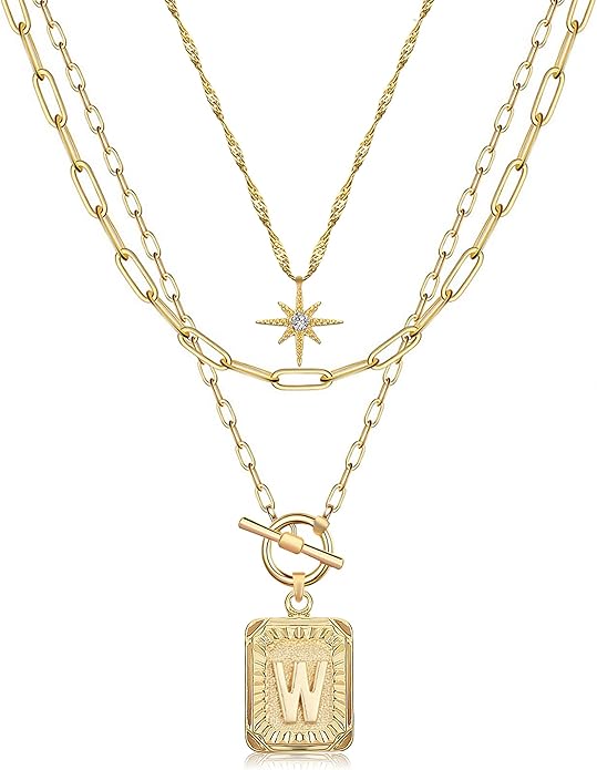 MJartoria Layered Initial Necklaces for Women Trendy, 14K Gold Plated Brass Simple Star Choker Square Letter Pendant Necklace, Paperclip Chain Necklaces Jewelry Gifts