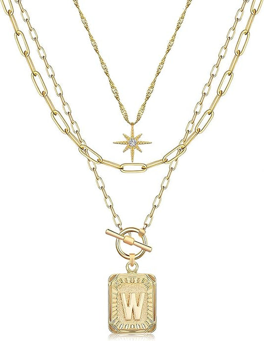 MJartoria Layered Initial Necklaces for Women Trendy, 14K Gold Plated Brass Simple Star Choker Square Letter Pendant Necklace, Paperclip Chain Necklaces Jewelry Gifts