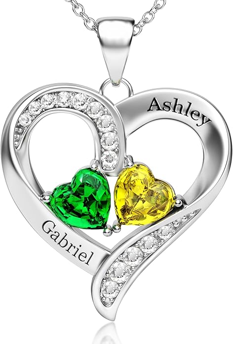 Easycosy Custom Name Necklace with Simulated Birthstones Customized Promise Necklace Heart Pendant with Engraved 2-6 Names - Anniversary Birthday Christmas Jewelry Gifts for Women Wife Mom Grandma
