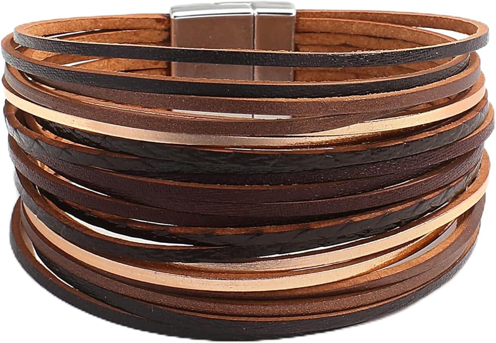 Fesciory Leather Wrap Bracelets for Women, Boho Leopard Multi-Layer Crystal Beads Cuff Bracelet Jewelry