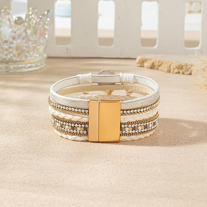 Rantanto Braid Leather Wrap Bracelet Trendy Stackable Crystal Cuff Boho Gold Heart Bracelet Jewelry Gift For Women