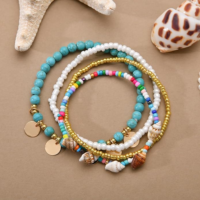 Bead Ankle Bracelets for Women Waterproof Adjustable Boho Shell Anklet Summer Beach Seashell Conch Foot Jewelry Accessories
