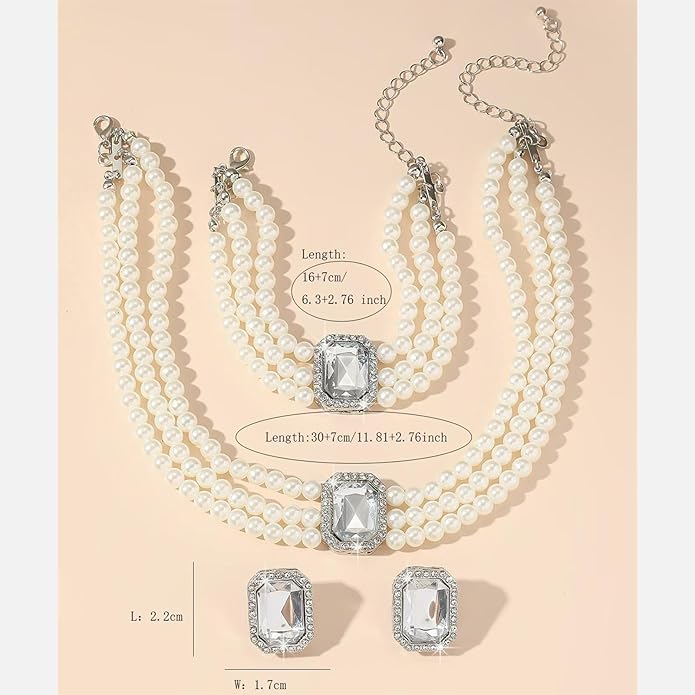 la luen Pearl Bride Wedding Jewelry Set Faux Pearls Crystal Rhinestone Necklace Earrings Bracelet Sets for Women Bridesmaid(3 PCS)