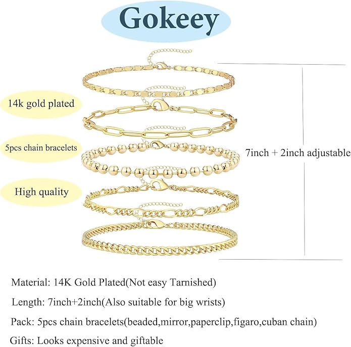 Gold Bracelets for Women Trendy,14K Gold Plated Dainty Stackable Paperclip Cuban Link Chain Bracelets, Simple Cute Cuff Bracelets Jewelry Set Adjustable 7"+2"