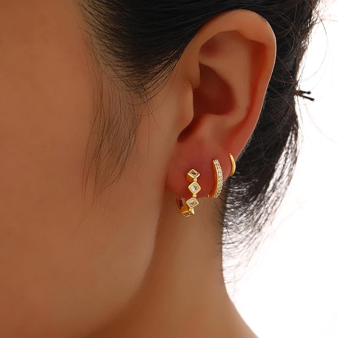 Small Gold Hoop Earrings Set for Women, 14K Gold Plated Lightweight Earrings Sets for Multiple Piercing, Hypoallergenic Huggie Gold Hoops Earrings for Women Jewelry