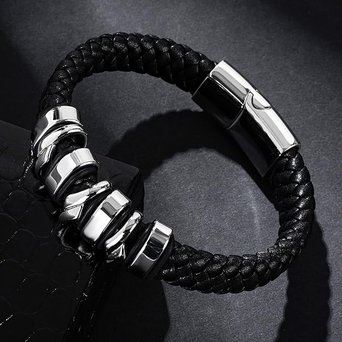 Leather Bracelet for Men Braided Cuff Wristband Stainless Steel Clasp in Silver and Gold Jewellery Gift