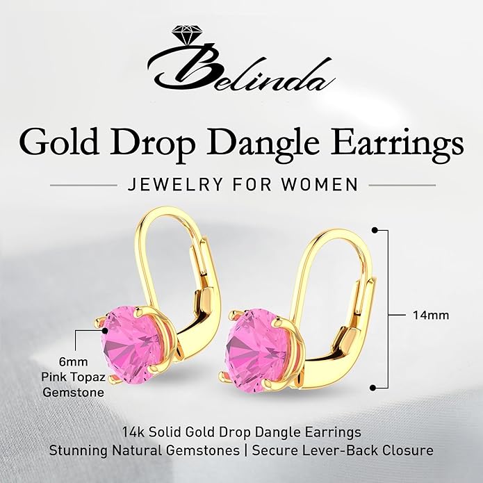 Women’s 14k Solid Gold Drop Dangle Earrings Lever Back Design with Natural Birthstone Gemstones Hypoallergenic Jewelry Collection Ideal Gifts for Wedding Anniversary