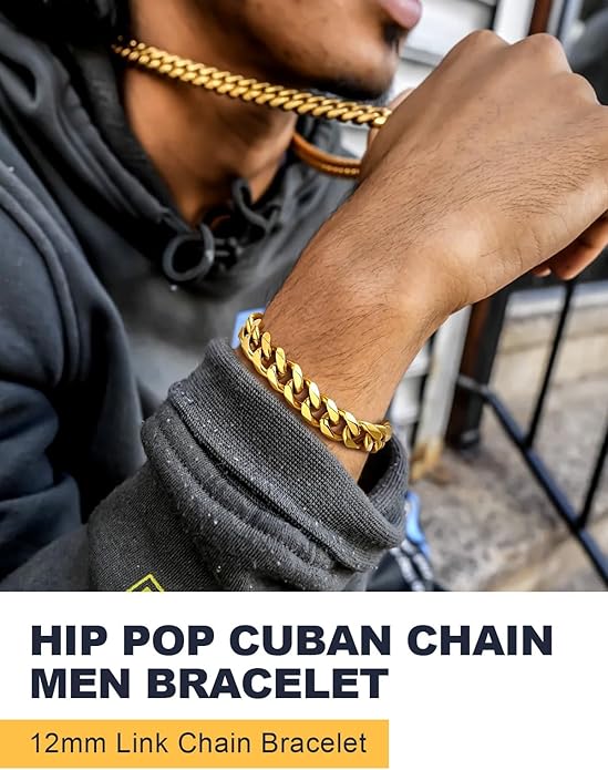 U7 Link Bracelets for Men, Cuban Link/Rope/Watch Band Solid Bracelet, Silver Black Gold Color Wrist Bracelet 3/6/9/12/15mm Width, 6.5/7.5/8.3 Inch Length, Hand Chain Jewelry for Mens Women