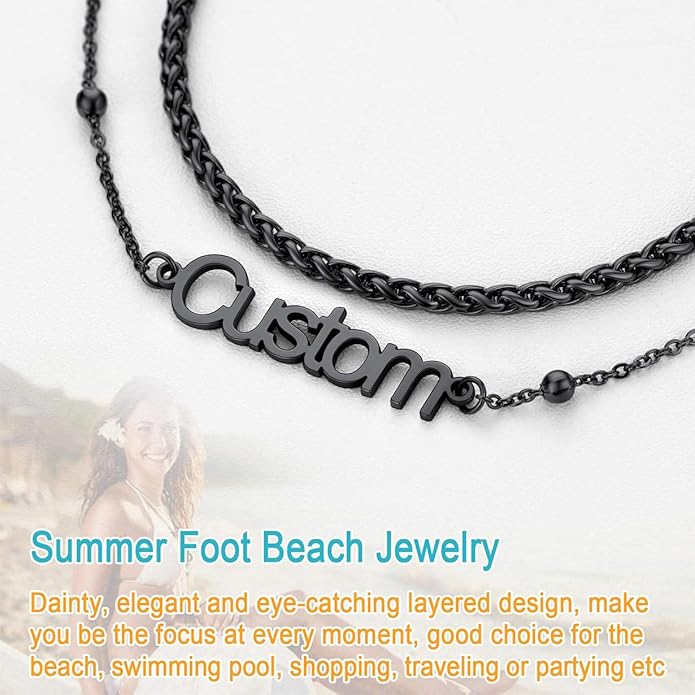 U7 Custom Layered Ankle Bracelets for Women Stainless Steel Bead/Cuban/Figaro/Rope/Wheat Chain Anklet Waterproof Anklet Jewelry for Beach Vacation
