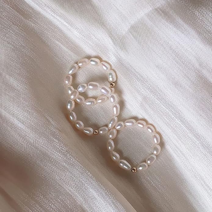 Vintage Boho Cultured Pearl Adjustable Beaded Wrap Ring,Trendy Elastic Freshwater Pearl Rings for Women,Fashion Heart Shell Stacking Rings for Men