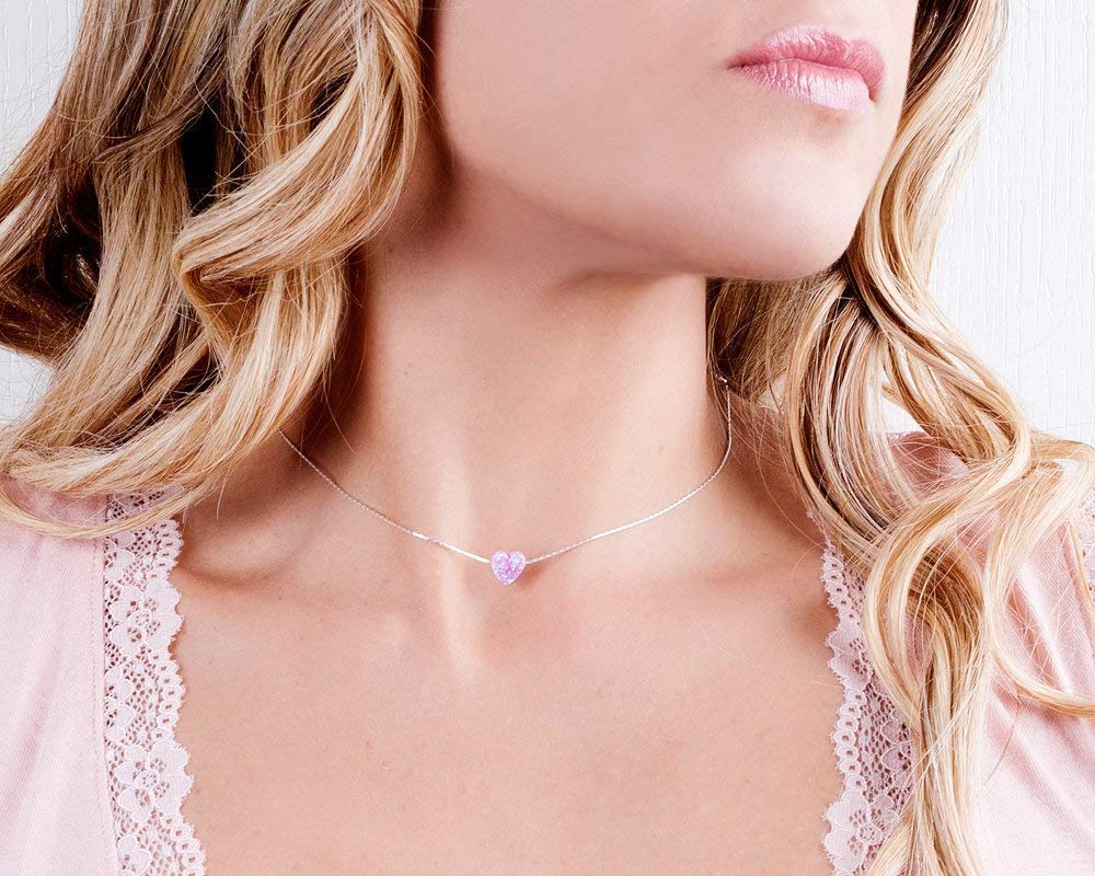 Pink Opal Heart On Thin Sterling Silver 925 Choker Necklace - Handmade Minimal Necklace For Women- Length: 13.5 inch + 3 inch Extender (sterling silver, pink)