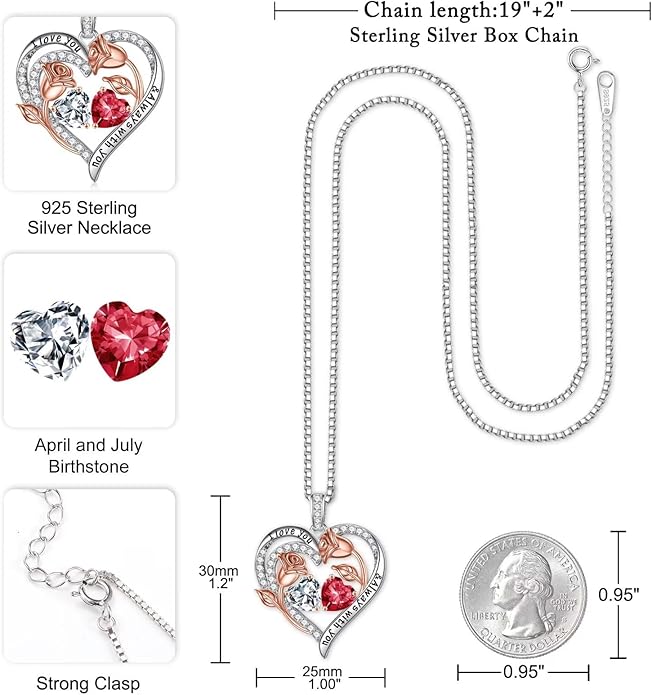 Iefil Birthstone Necklace for Women - 925 Sterling Silver Rose Heart Birthstone Necklace Birthday Anniversary Jewelry Gifts for Her Wife Mom Daughter