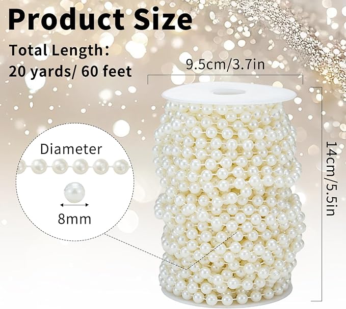 Rytenz Pearls String Bead, Ivory Color Faux Pearl Beads Roll Strand for Wedding Party Christmas Tree and Flowers Decorations Garland DIY Crafts (8mm- 60 Feet)