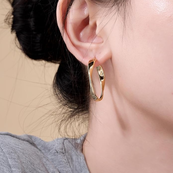 14K Gold Twisted Hoop Earrings for Women Thick Wave Gold Hoops Lightweight Hypoallergenic Elegant Jewelry 25/30MM