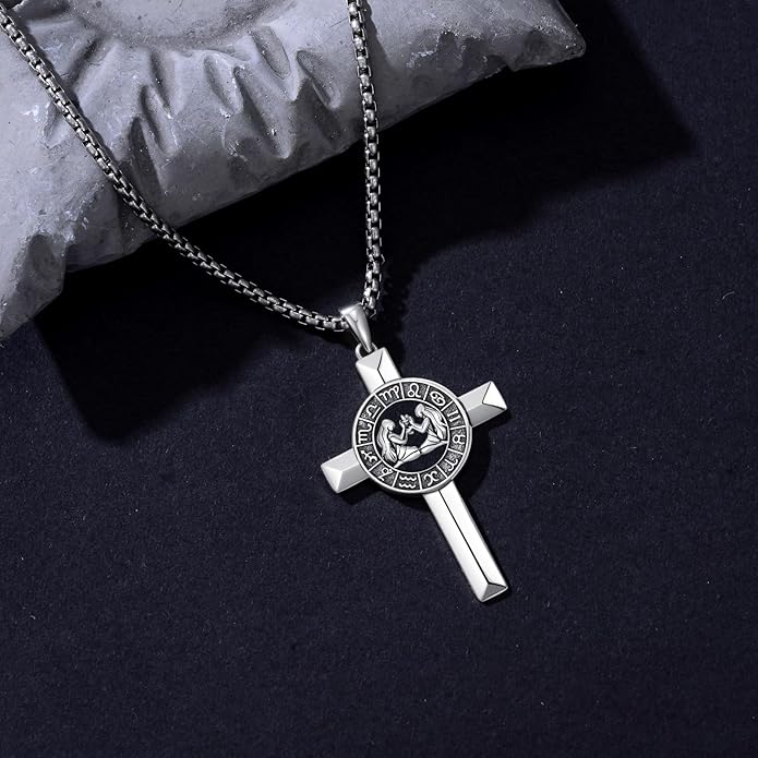 MEIDERBO Cross Zodiac Necklace 925 Sterling Silver 12 Constellation Horoscope Astrology Pendant Necklace Zodiac Sign Jewelry Gifts for Men Women