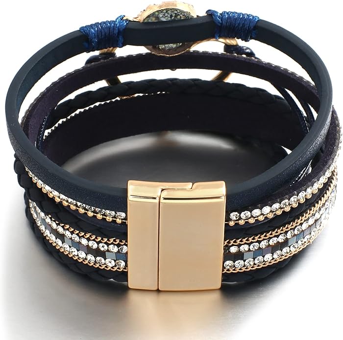 Leather Wrap Bracelet for Women Beaded Cuff Bracelet with Heart-shape Decor Bohemian Crystal Bracelet Jewelry with Clasp Bangle Bracelet for Women Girls Birthday Holiday Gift