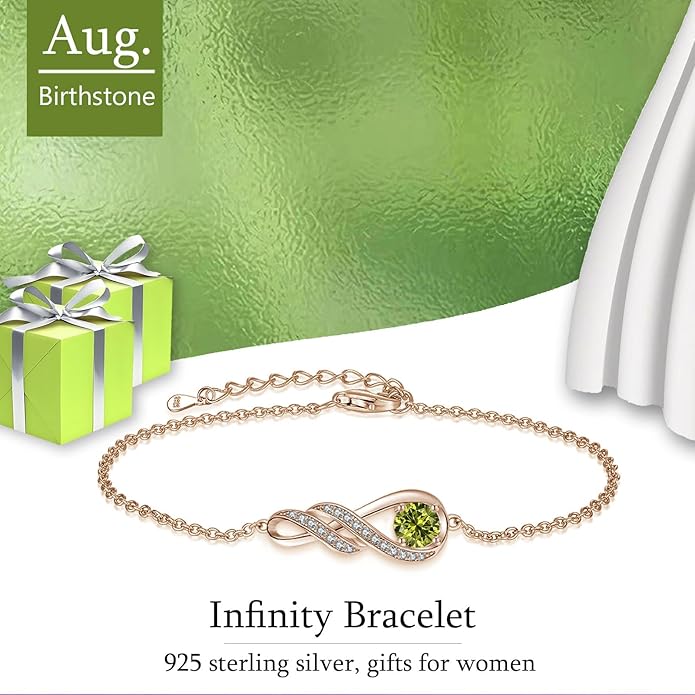 Birthstone Bracelets for Women 925 Sterling Silver Created Gemstone Bracelet Infinity Pendant Jewelry for Her, 6.7"+1.2"