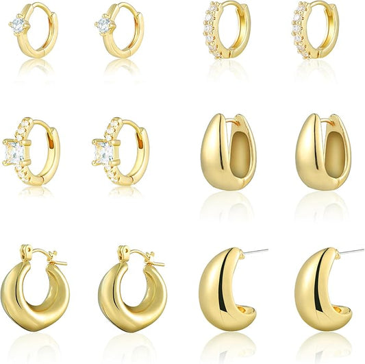 6 Pairs Gold Hoop Earrings for Women, 14K Gold Plated Huggie Hoop Earrings Set Hypoallergenic Lightweight Chunky Open Hoops Jewelry for Gift