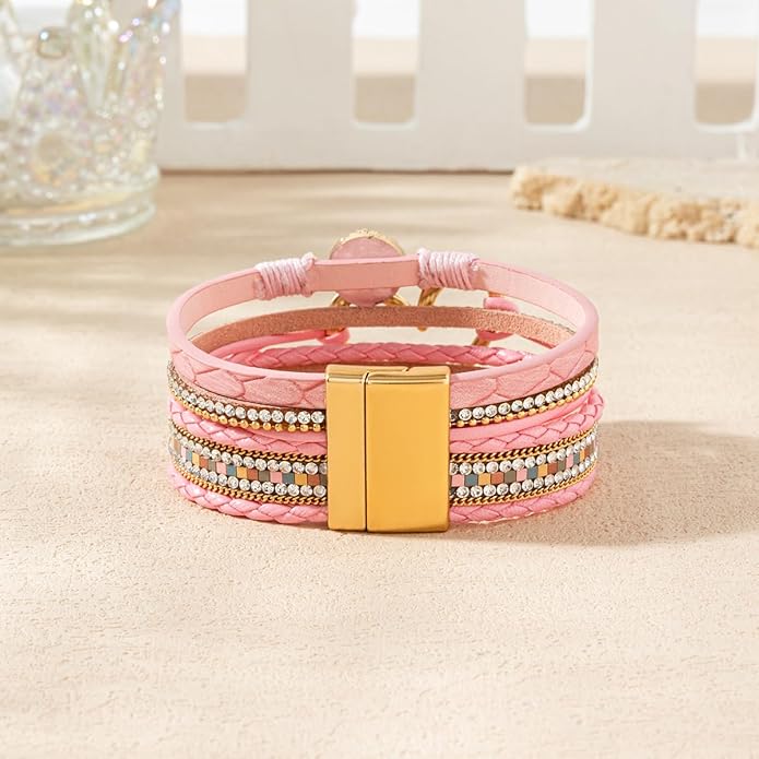 Rantanto Braid Leather Wrap Bracelet Trendy Stackable Crystal Cuff Boho Gold Heart Bracelet Jewelry Gift For Women