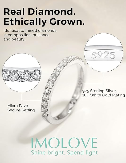 IMOLOVE Lab Grown Diamond Wedding Bands, 0.3-0.42 Carat, Eternity Rings in 18K White Gold & Sterling Silver Size 4-11