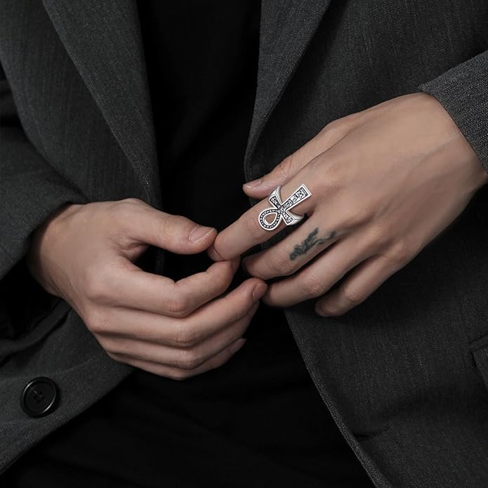 EUDORA S925 Sterling Silver St Benedict Ring San Benito Rings for Women Men, Vintage Ankh Cross Ring Saint Benedict Amulet Adjustable Rings Gifts for Women Mens Father Mother