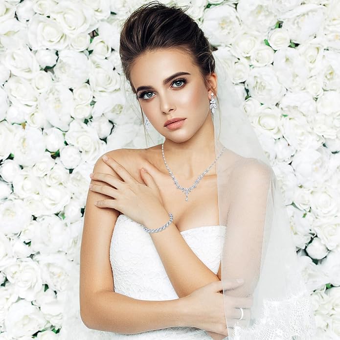 Women Jewelry Set Silver Plated Necklace Earrings Set Bridal Wedding Jewelry Bling Cubic Zirconia Choker Crystal party Jewelry Accessories for Women