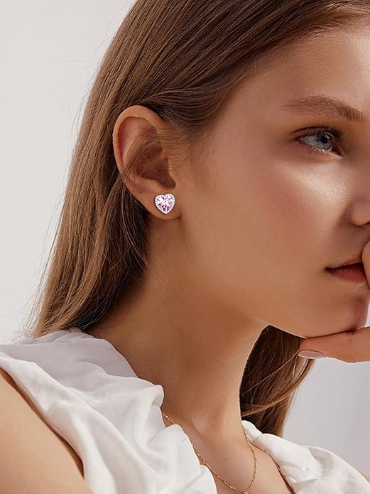 ChicSilver 925 Sterling Silver Birthstone Earrings for Women, 8MM/2 Carat Heart & Round Cubic Zirconia Stud Earrings, Hypoallergenic Jewelry, Ideal Birthday or Christmas Gifts