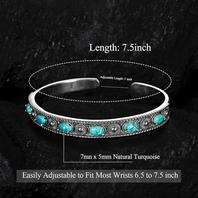 Native American Genuine Turquoise Cuff Bracelet for Women 925 Sterling Silver Turquoise Boho Bangle Adjustable Fit for 6.5 to 7.5 Inch